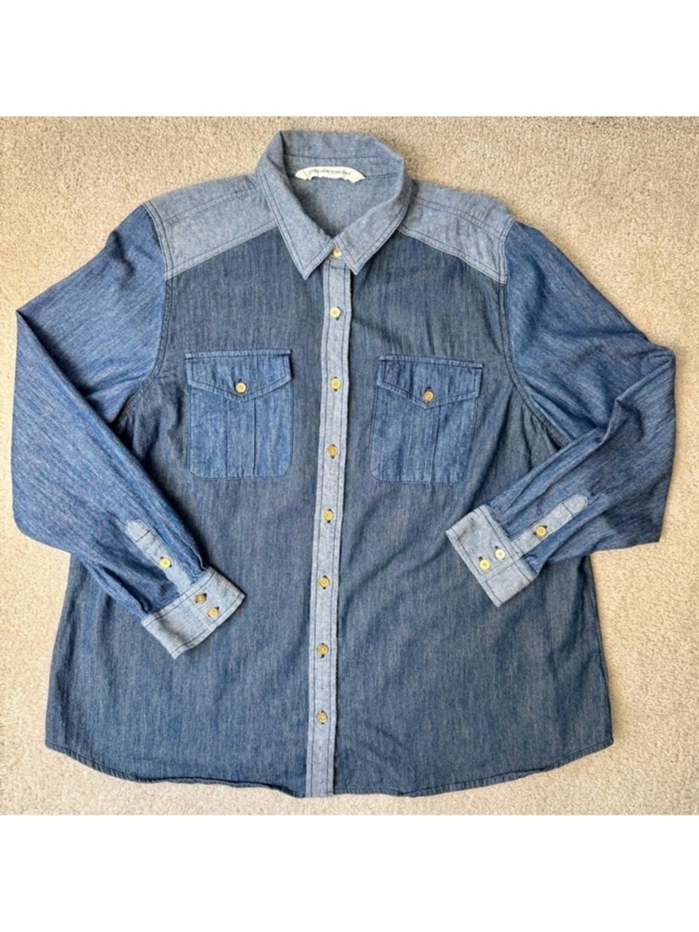 Jones New York Patchwork Jean Shirt Denim Shirt Long Sleeves Lightweight Size 1X